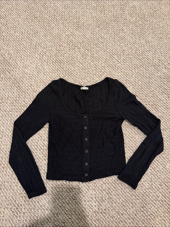 Free People Tops - Free People Black Ribbed Button-Front Long Sleeve Top